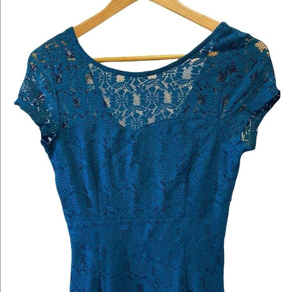 DORORTHY PERKINS Teal Lace Lined Sweetheart Short Sleeve Knee Length Dress 12UK - Picture 2 of 12